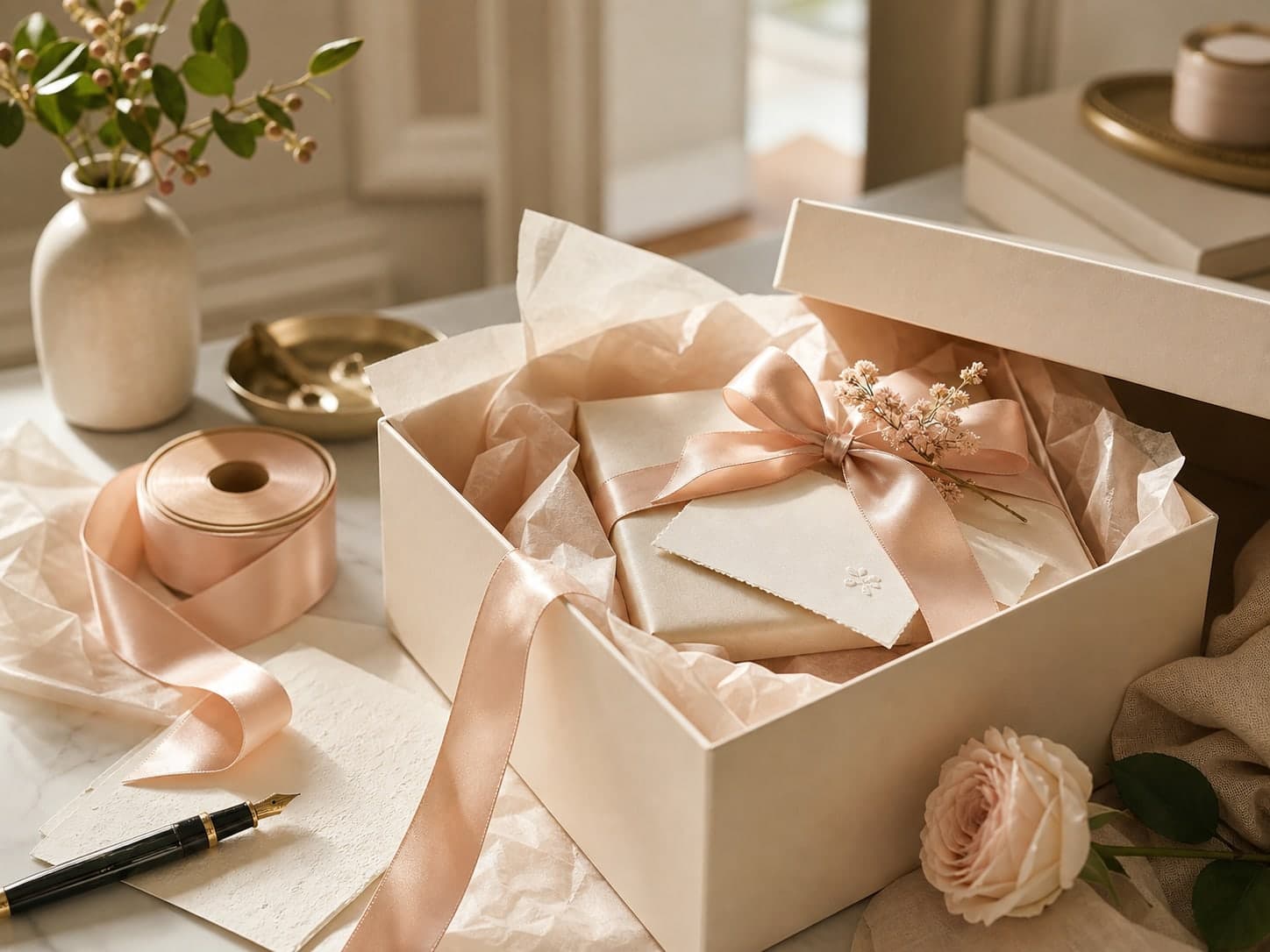 A champagne gift box with blush ribbon, tissue paper, and a handwritten card