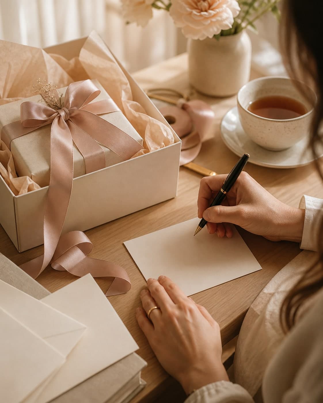 Hands writing a personal note beside a carefully wrapped gift